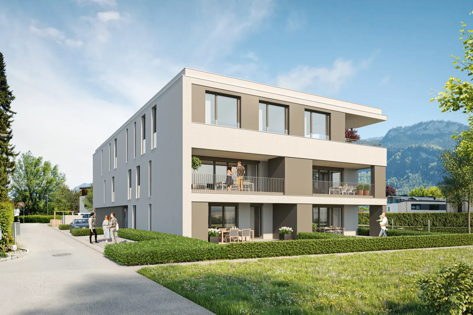 Außenansicht Neubau Enderstraße, Blick auf Fassade und Terrassen