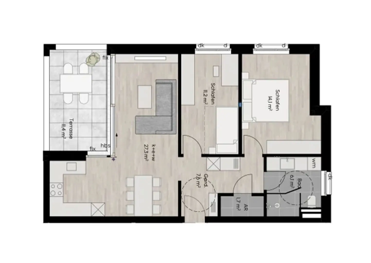Grundriss Top 6, 3 Zimmer, 68 m²