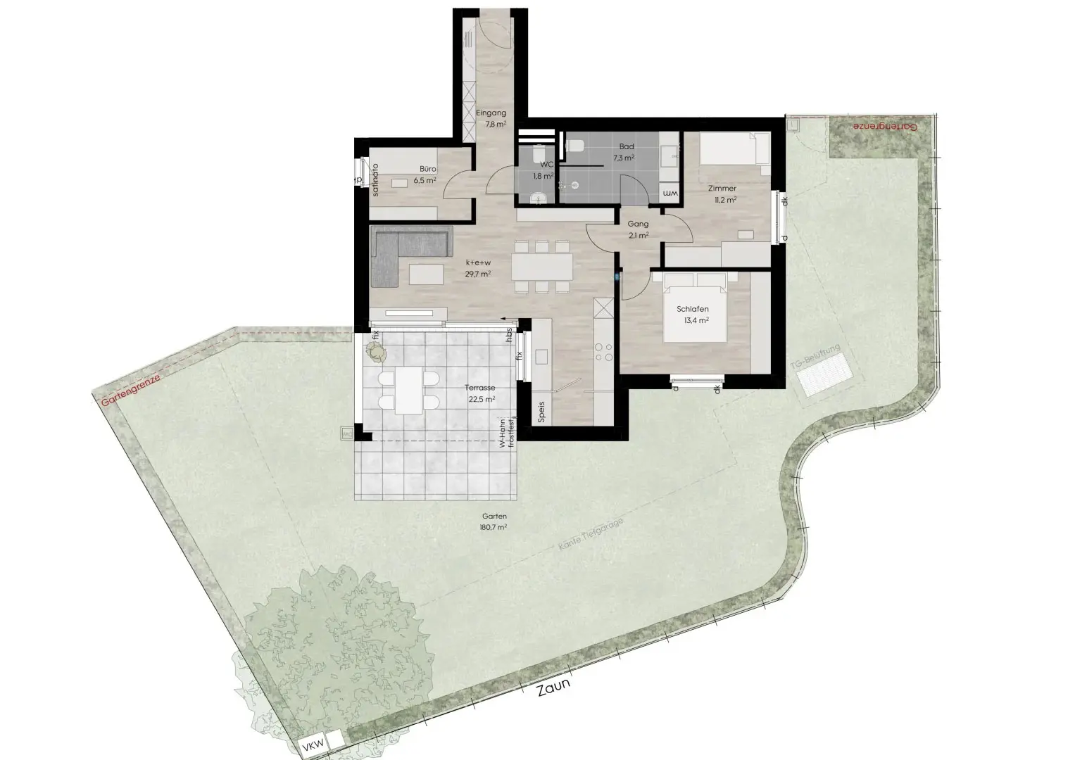 Grundriss Top 2, 3,5 Zimmer Gartenwohnung, 80,1 m²